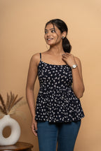 Side view of indigo printed flared top for women by Poshida