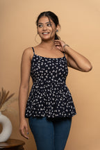 Sleeveless indigo printed flared top for women by Poshida