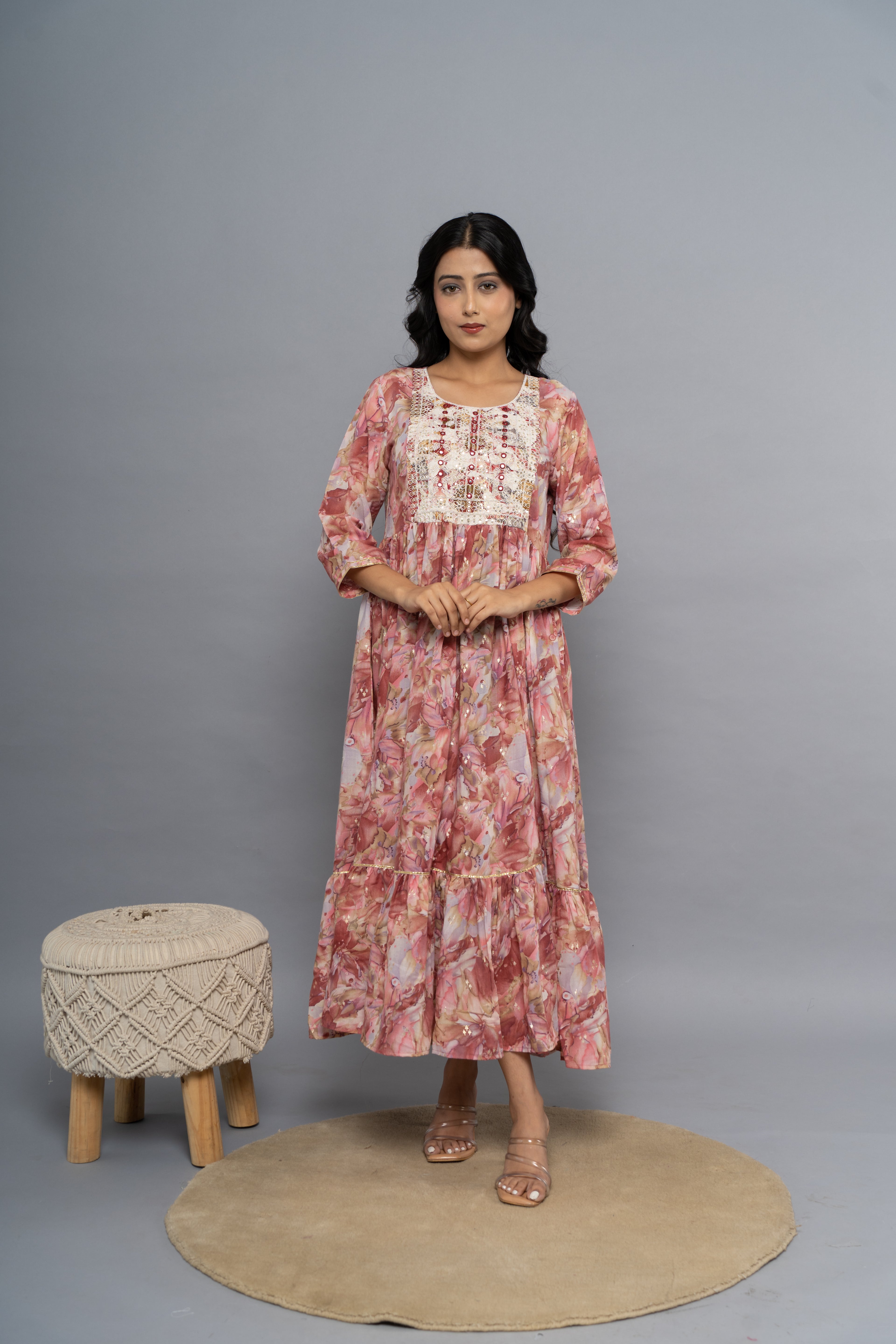 Front view of pink embroidery printed kurta for women by Poshida