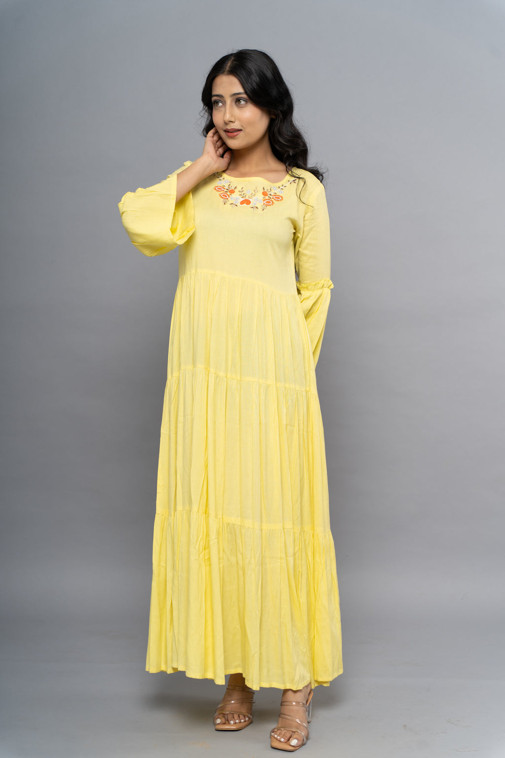 Front view of elegant yellow dress for women by Poshida