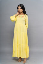 Front view of elegant yellow dress for women by Poshida