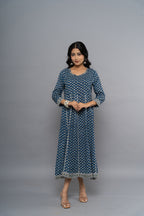 Front view of indigo printed dress for women by Poshida
