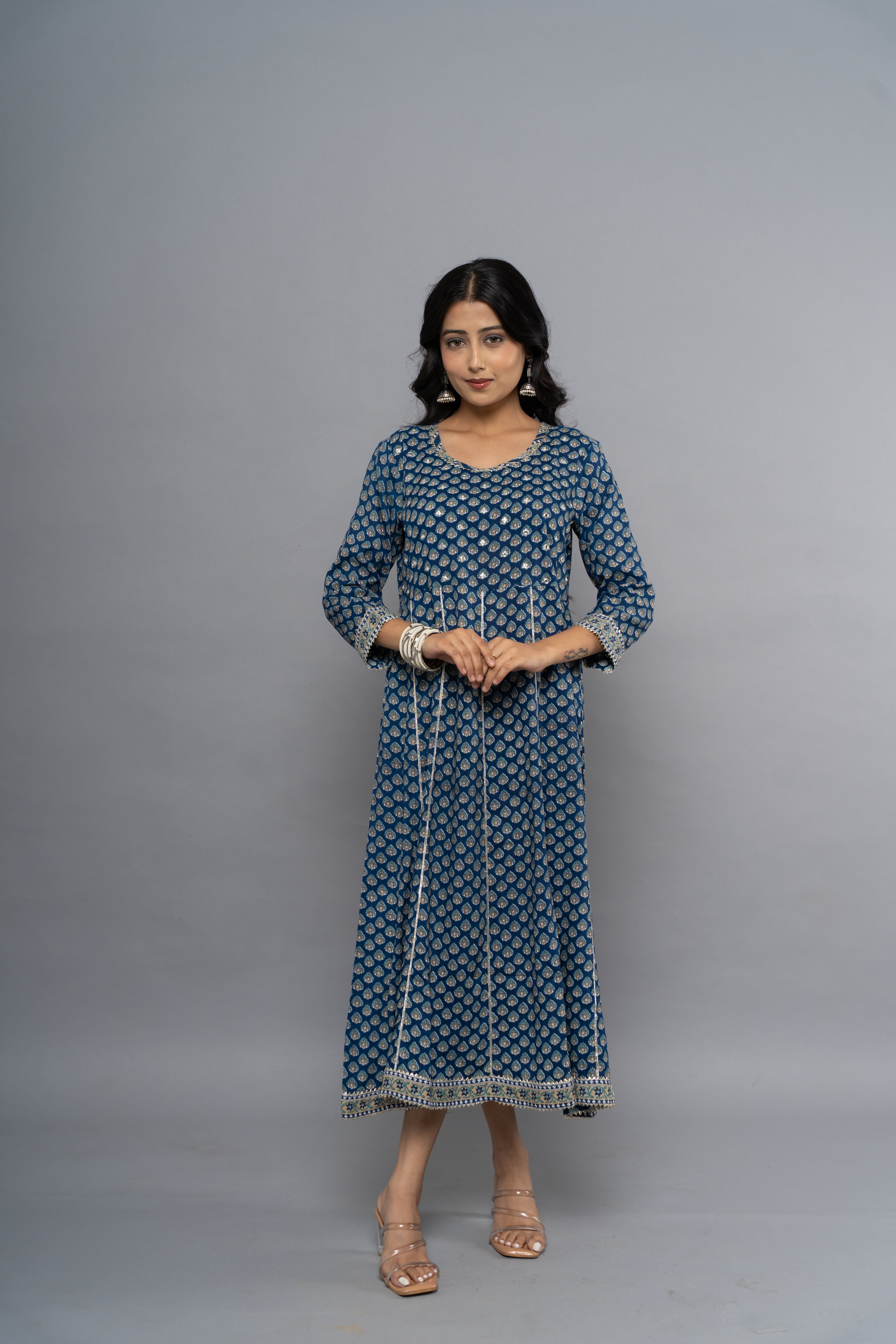 Front view of indigo printed dress for women by Poshida