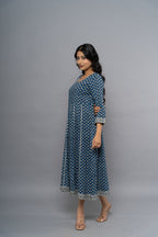 Side view of indigo ethnic printed dress by Poshida