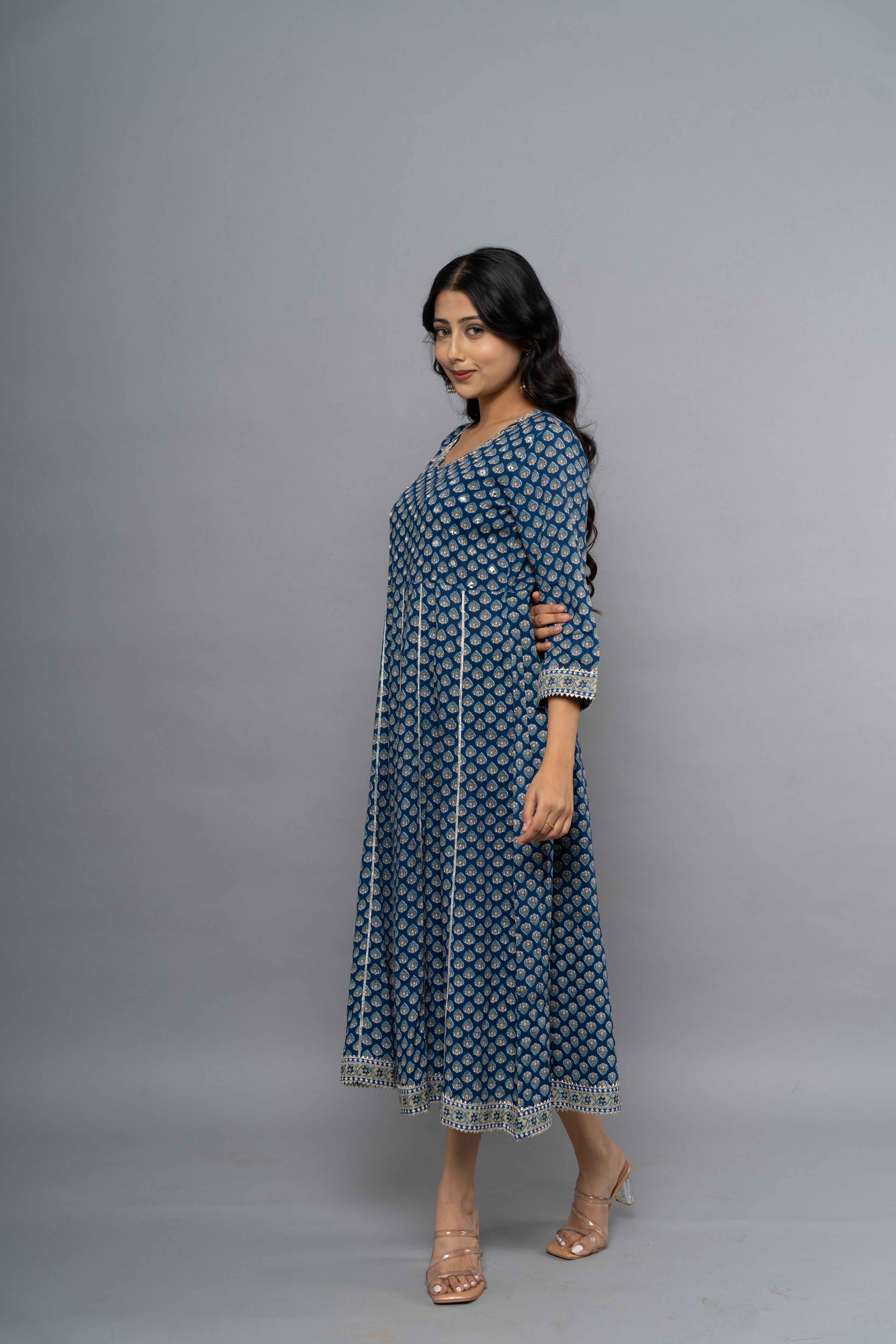 Side view of indigo ethnic printed dress by Poshida