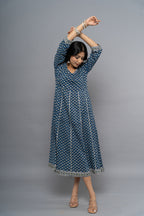 Front view of indigo printed dress for women by Poshida