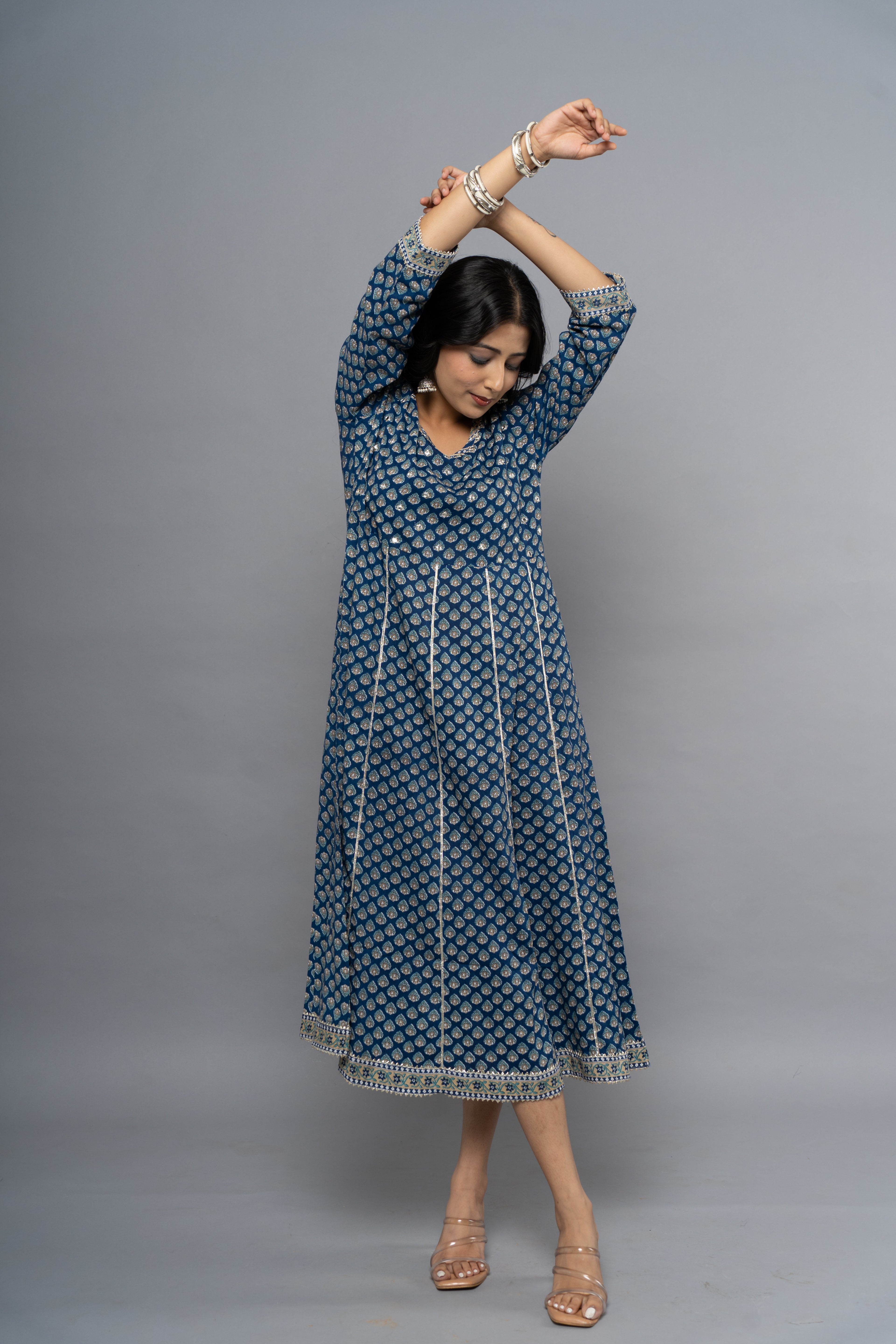 Front view of indigo printed dress for women by Poshida