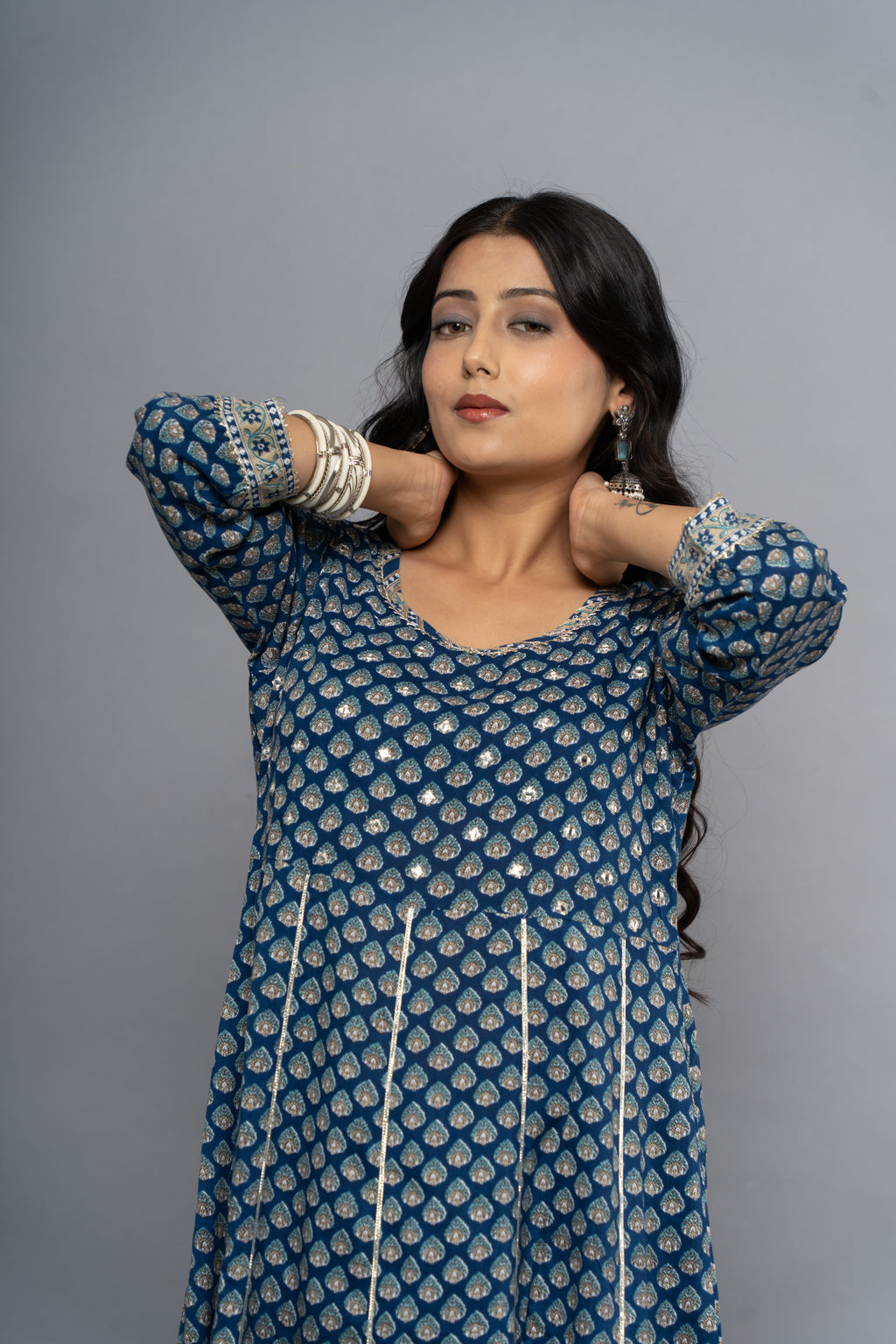 Close-up print design on indigo women’s dress by Poshida