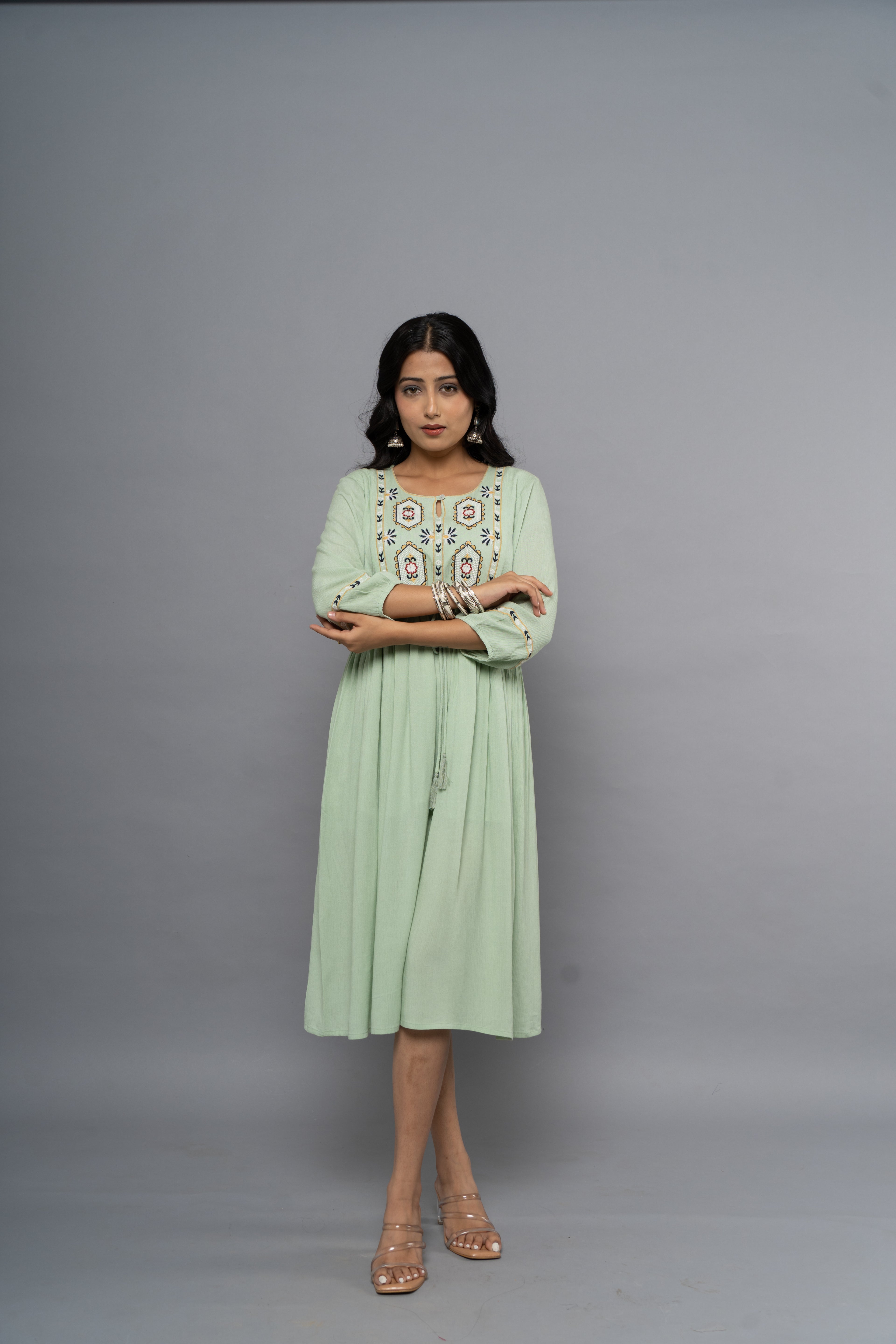 Front view of light green embroidery dress for women by Poshida