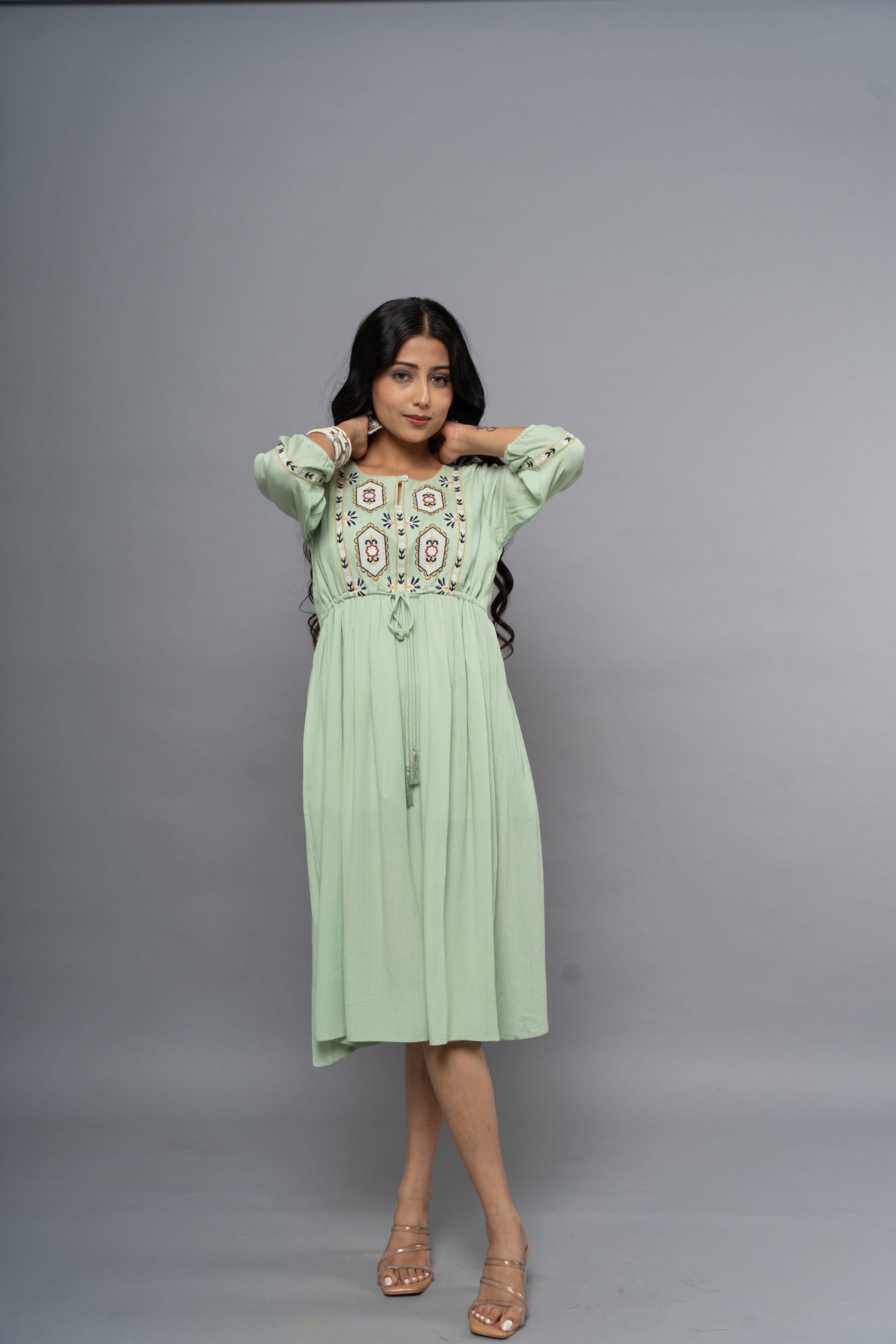Front view of light green embroidery dress for women by Poshida