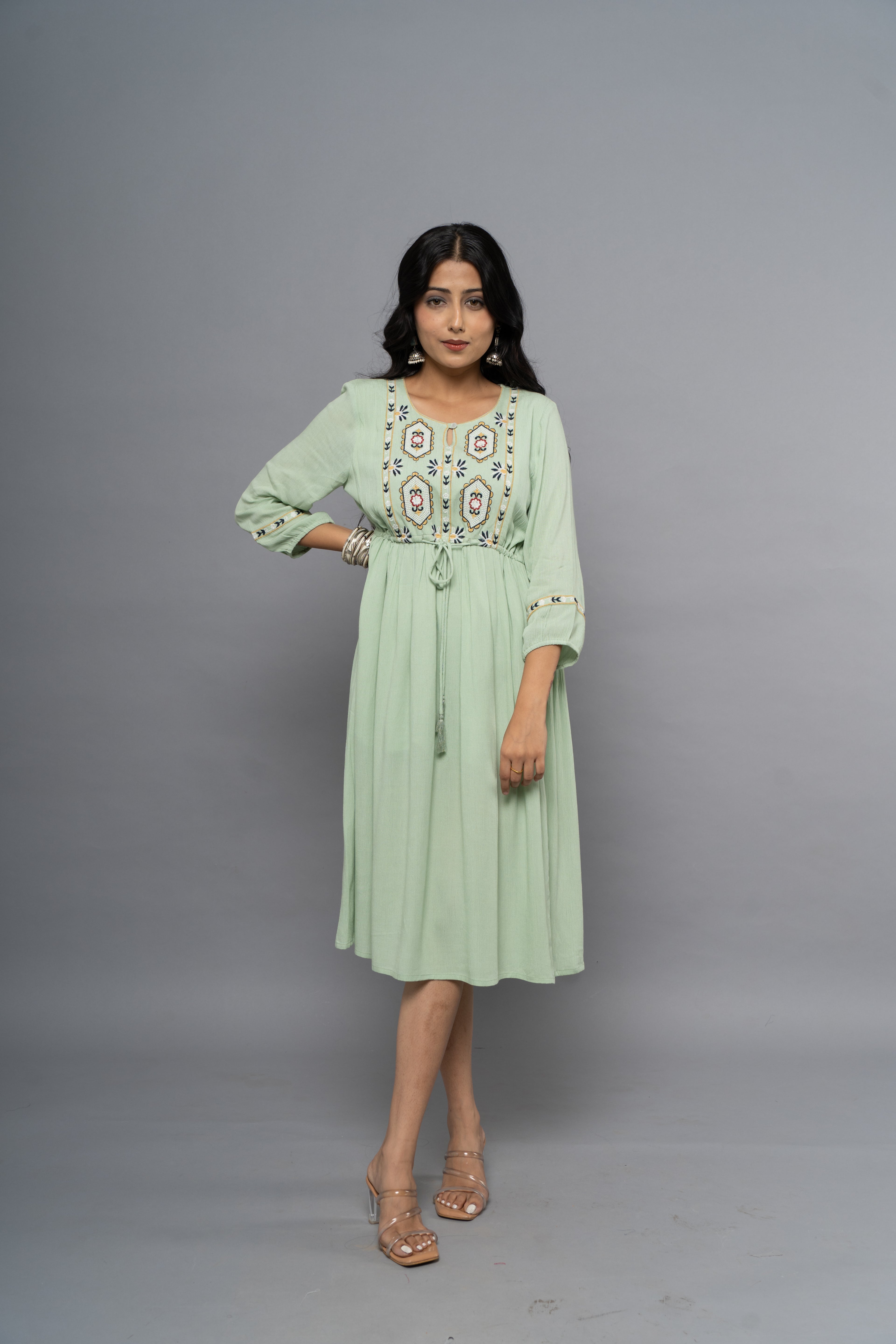 Light green embroidered dress for women by Poshida