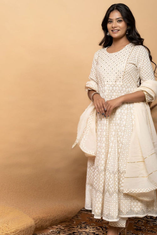Side view of elegance cream cotton suit set for women by Poshida