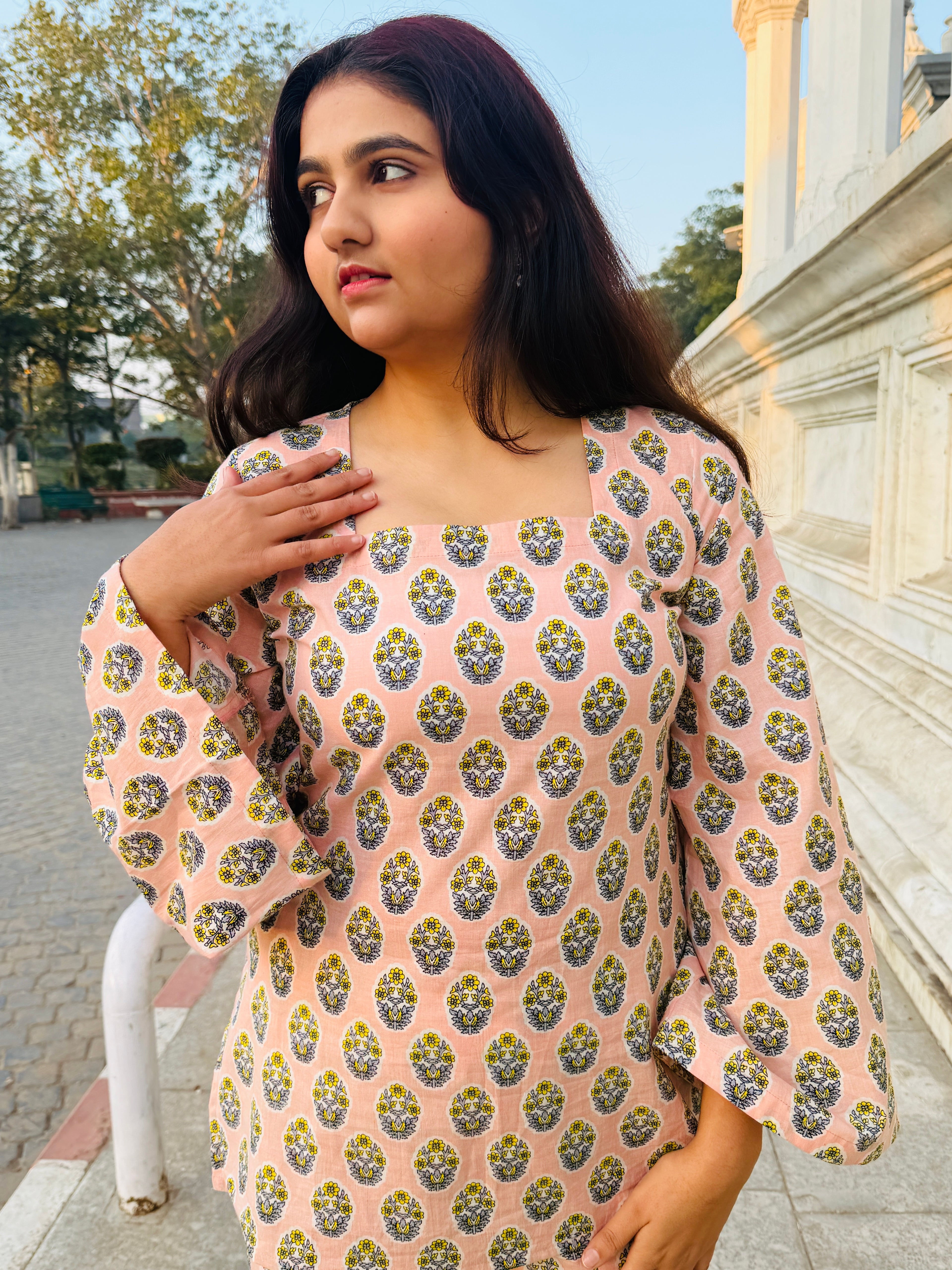 Side view of gulabi sharara square neck co-ord set by Poshida