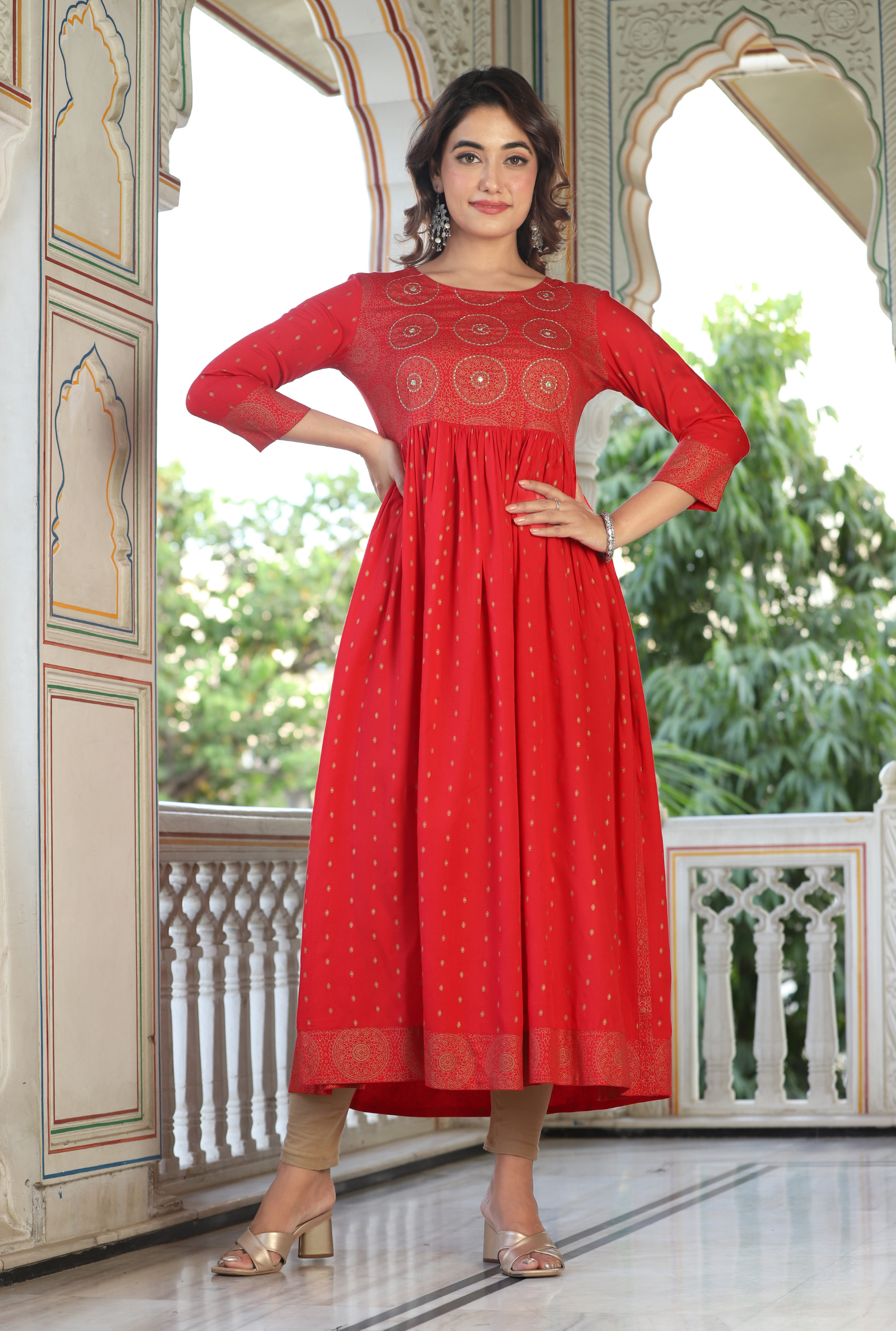 Maroon Rayon Calf Length Solid Semi-Flared V-Neck Kurta