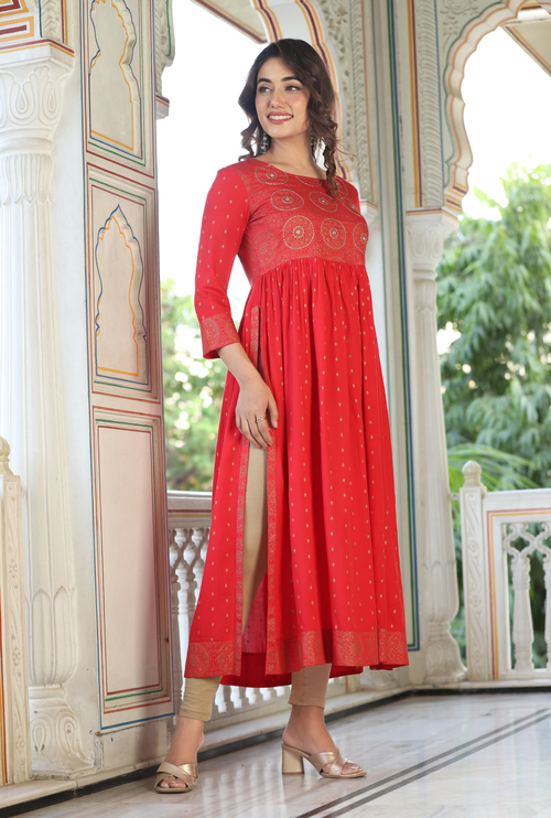 Maroon Rayon Calf Length Solid Semi-Flared V-Neck Kurta