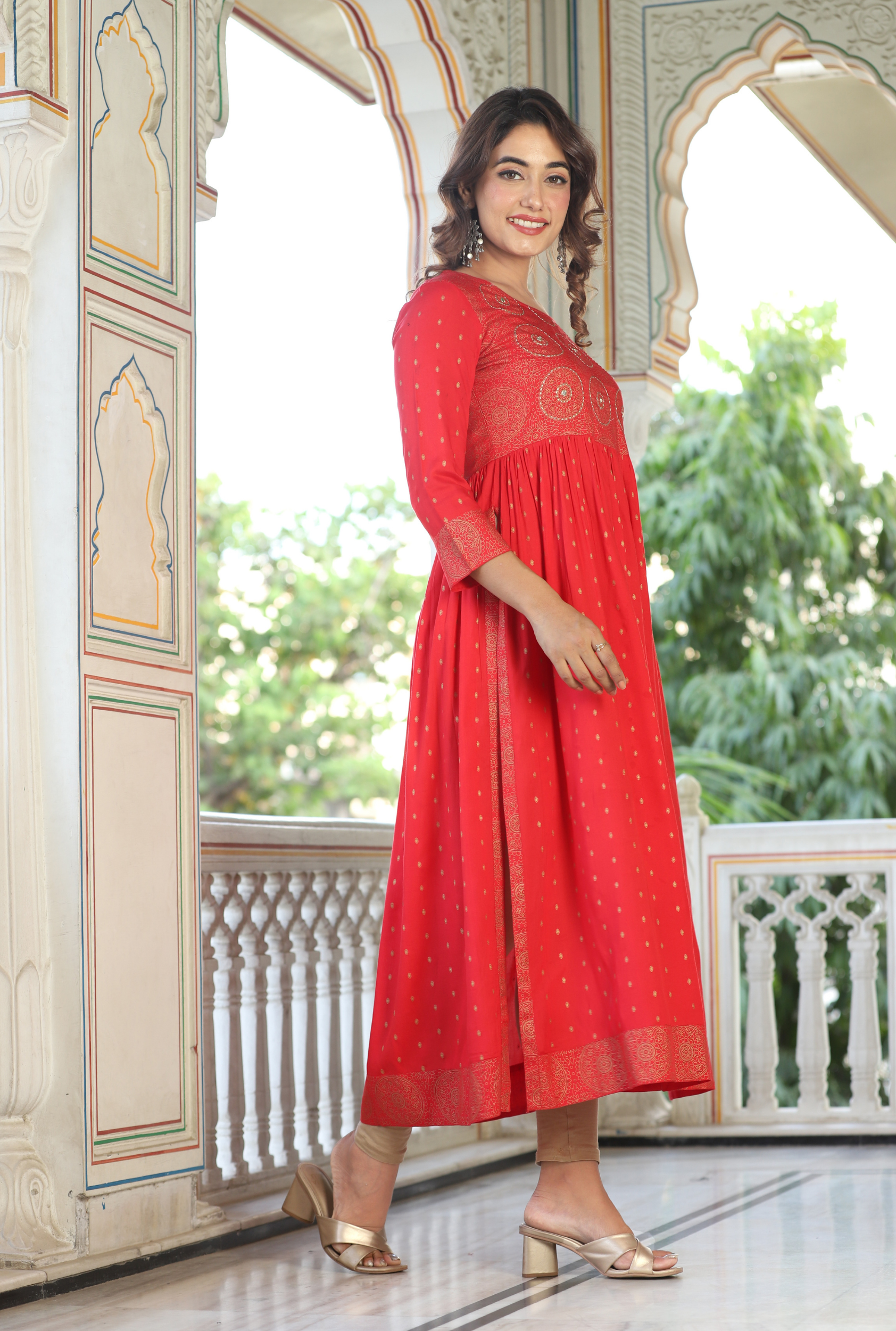 Maroon Rayon Calf Length Solid Semi-Flared V-Neck Kurta