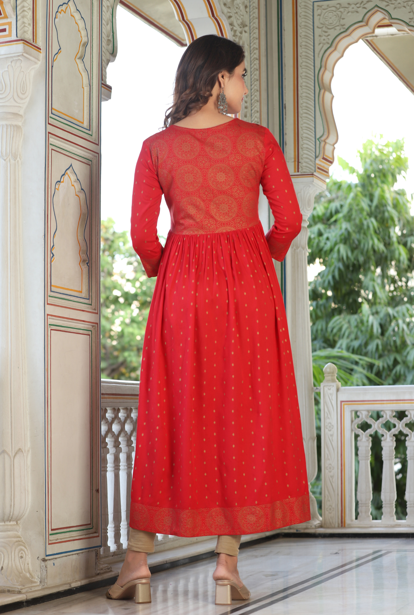 Maroon Rayon Calf Length Solid Semi-Flared V-Neck Kurta