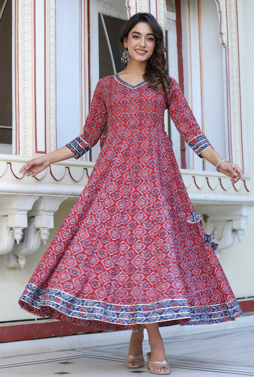 Peach Floral Printed Embroidered Flared Kurta