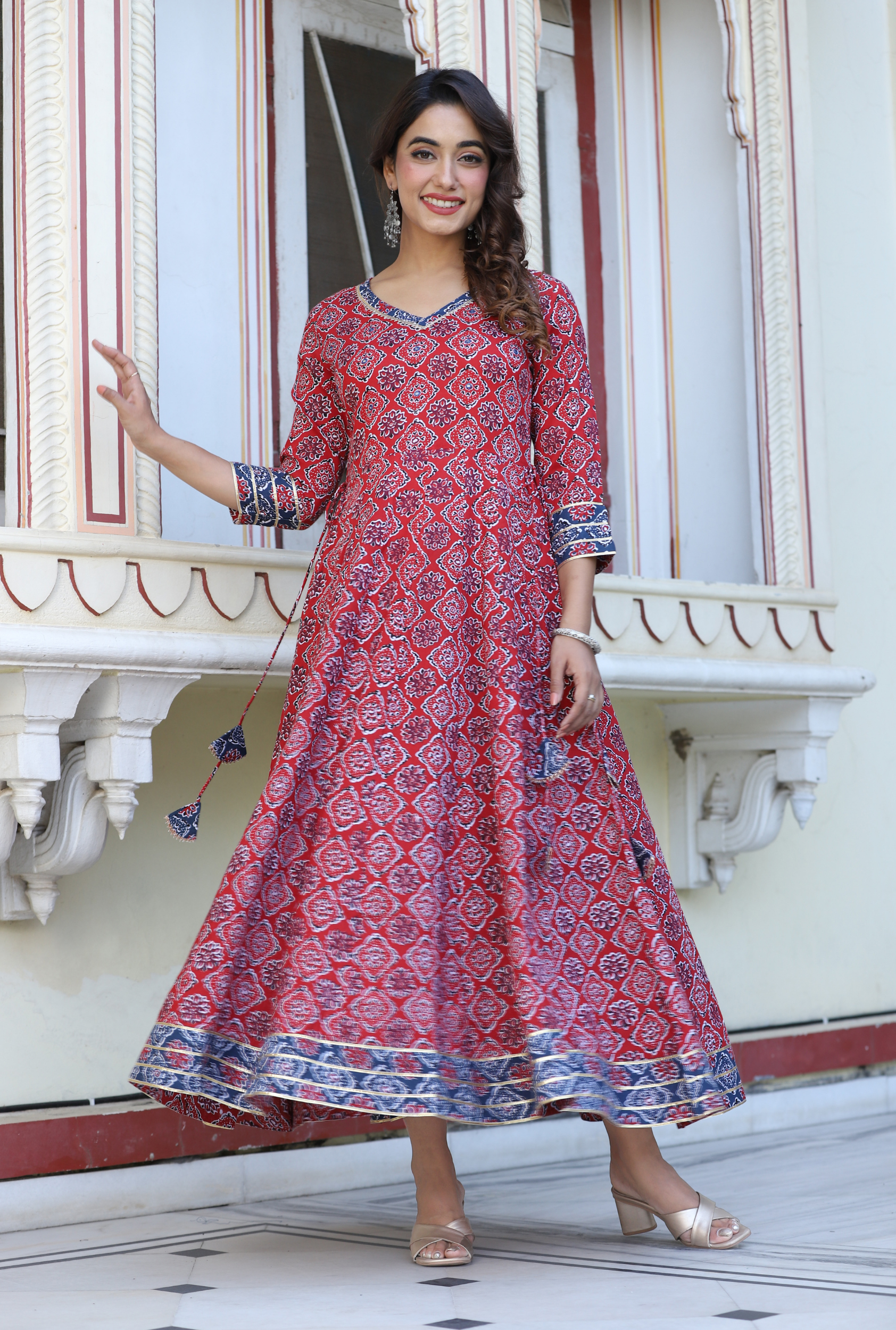 Peach Floral Printed Embroidered Flared Kurta