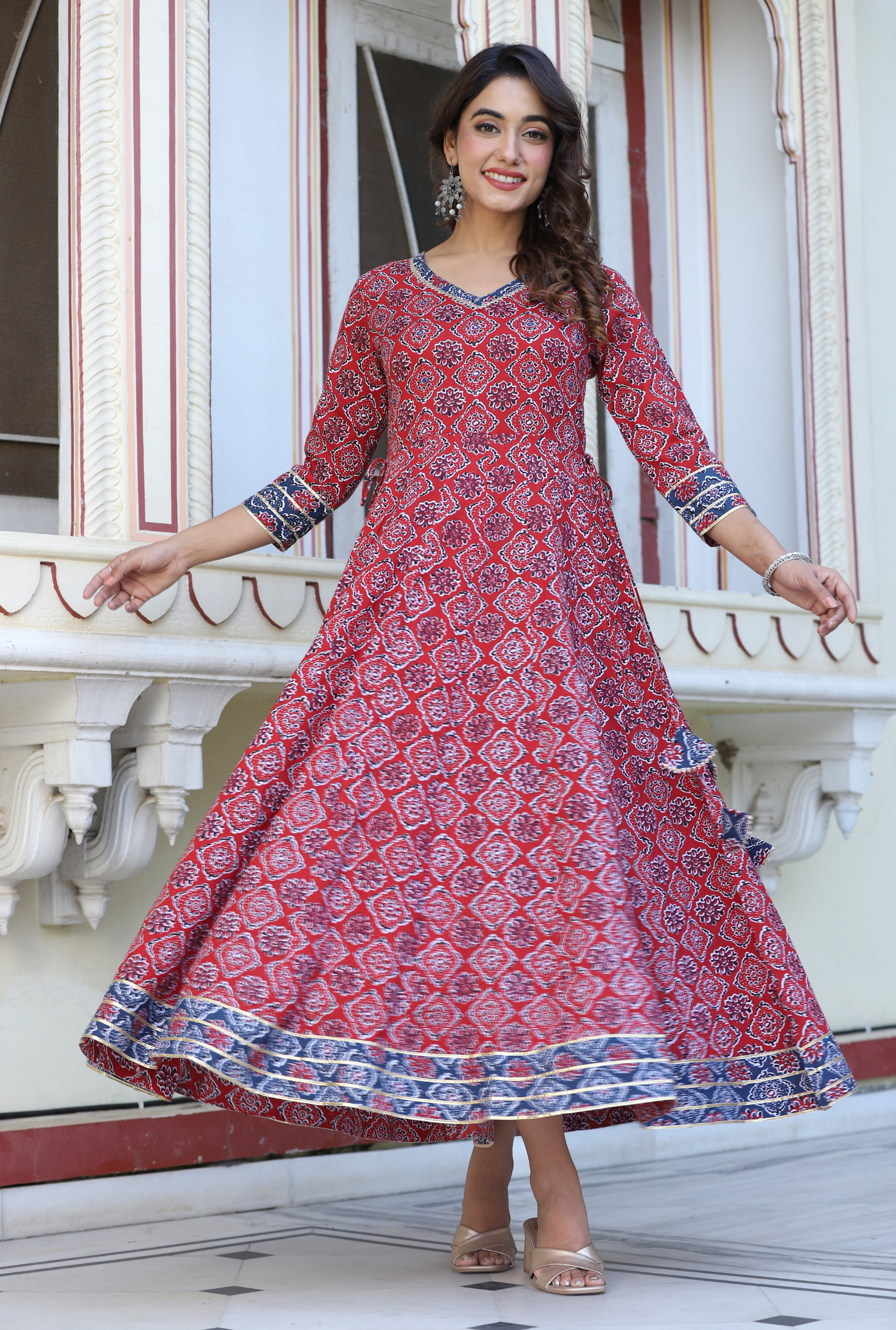 Peach Floral Printed Embroidered Flared Kurta