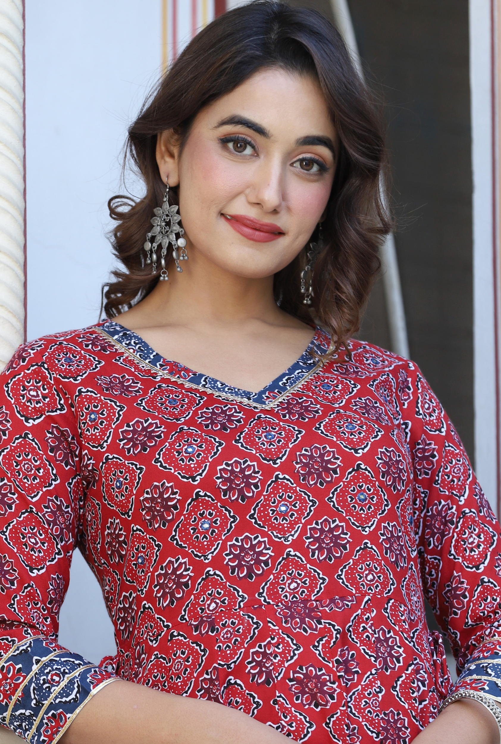 Peach Floral Printed Embroidered Flared Kurta