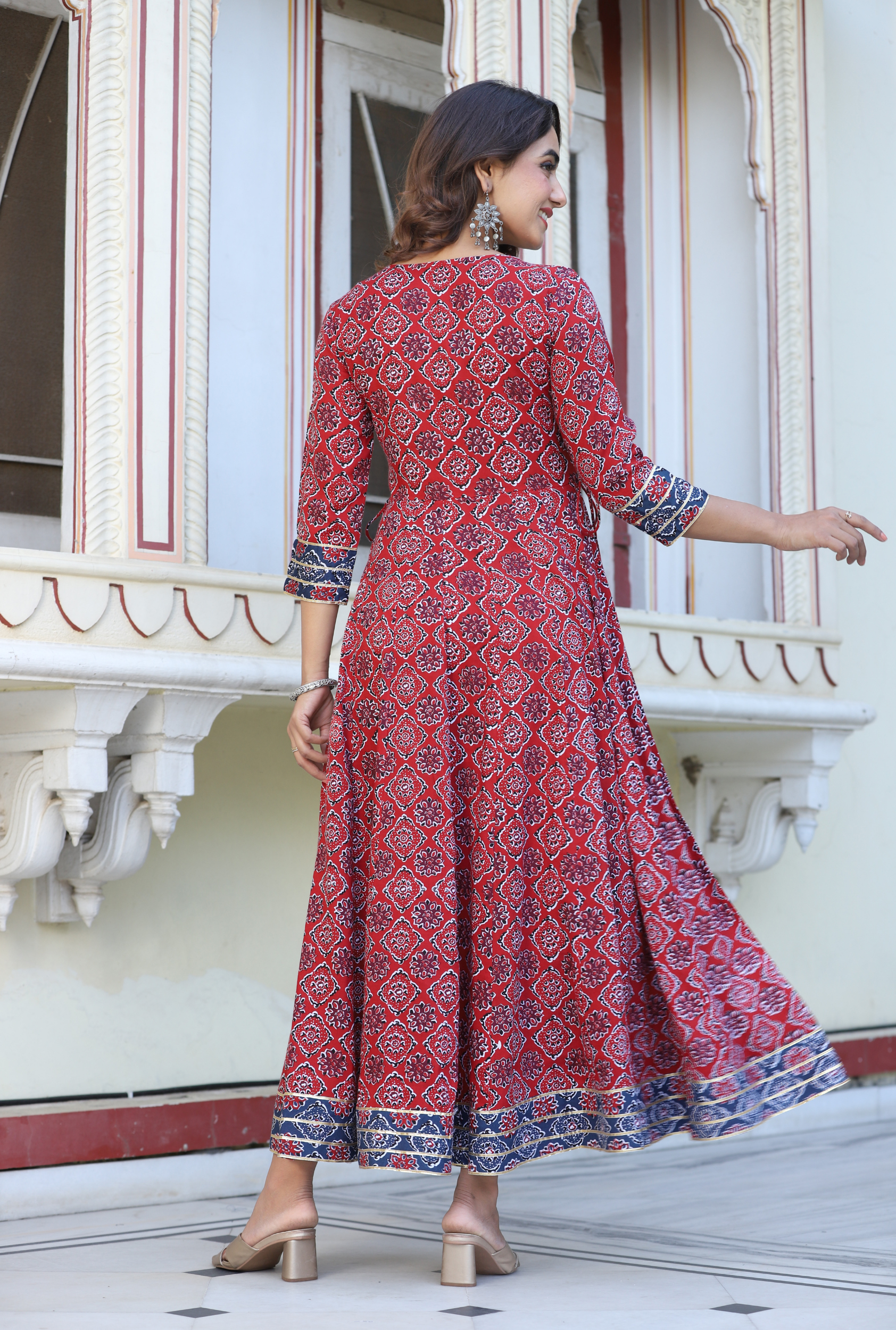 Peach Floral Printed Embroidered Flared Kurta