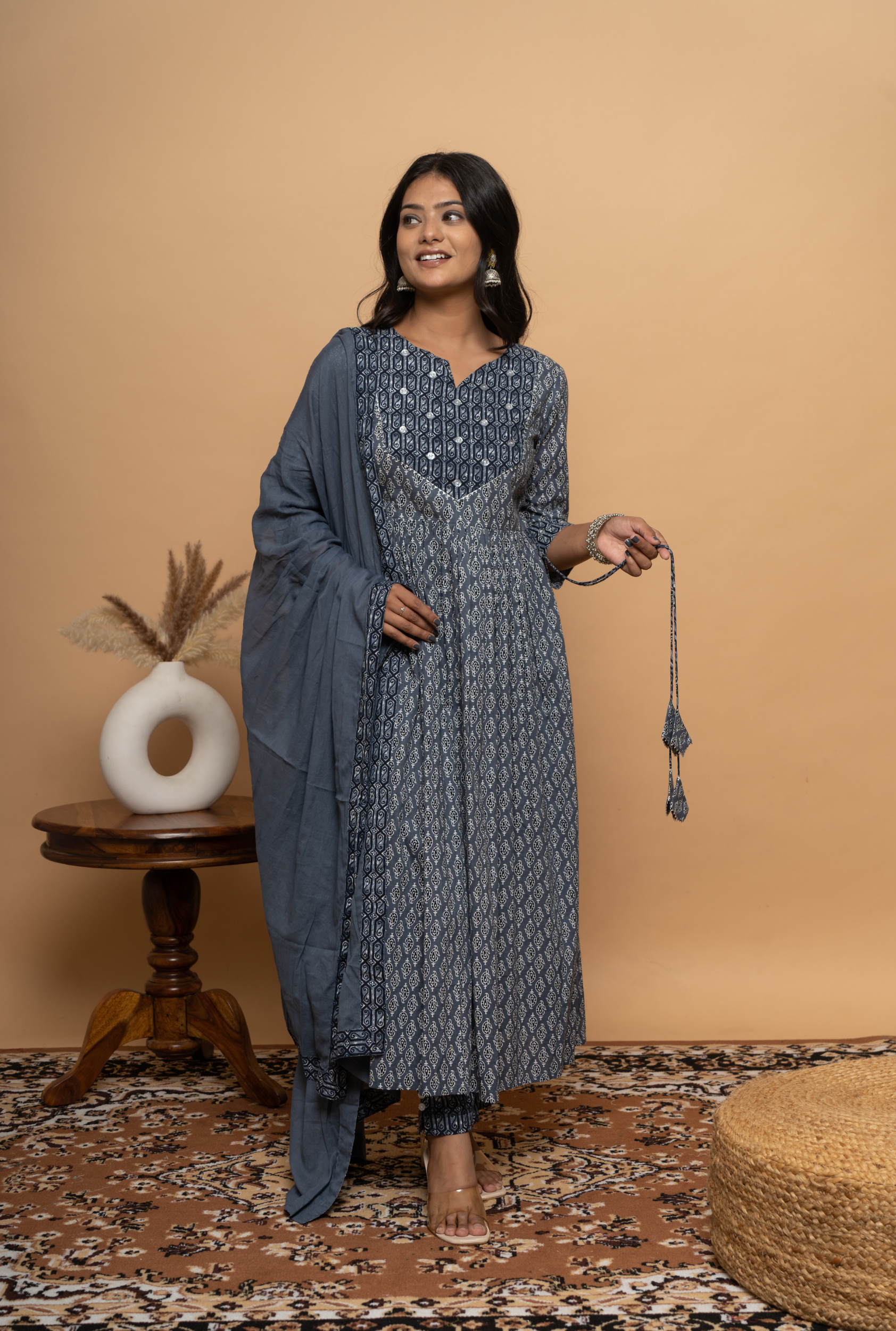 Peach Floral Printed Embroidered Flared Kurta