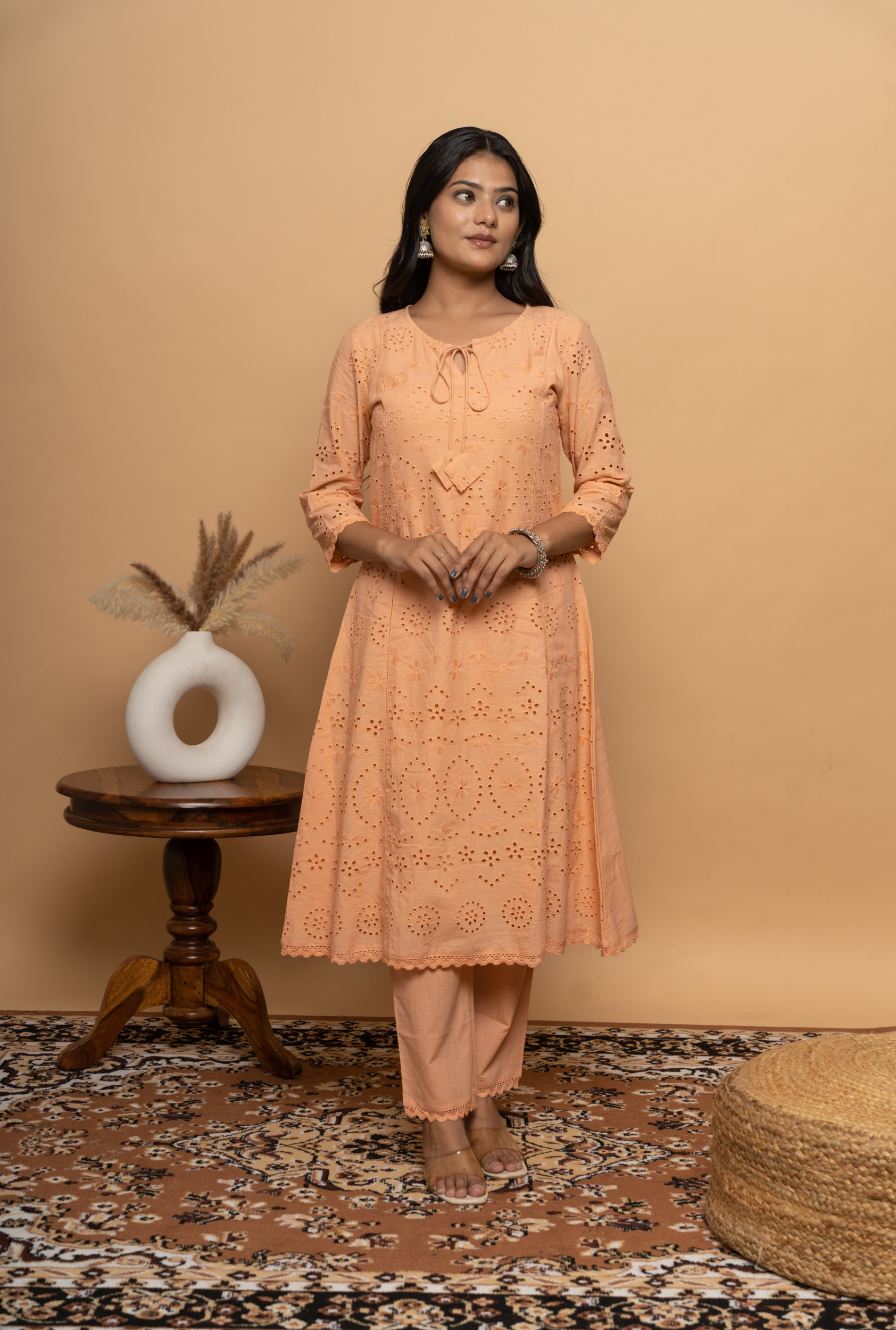 Coral Rayon Embroidered Calf Length Solid Straight V-Neck Kurta