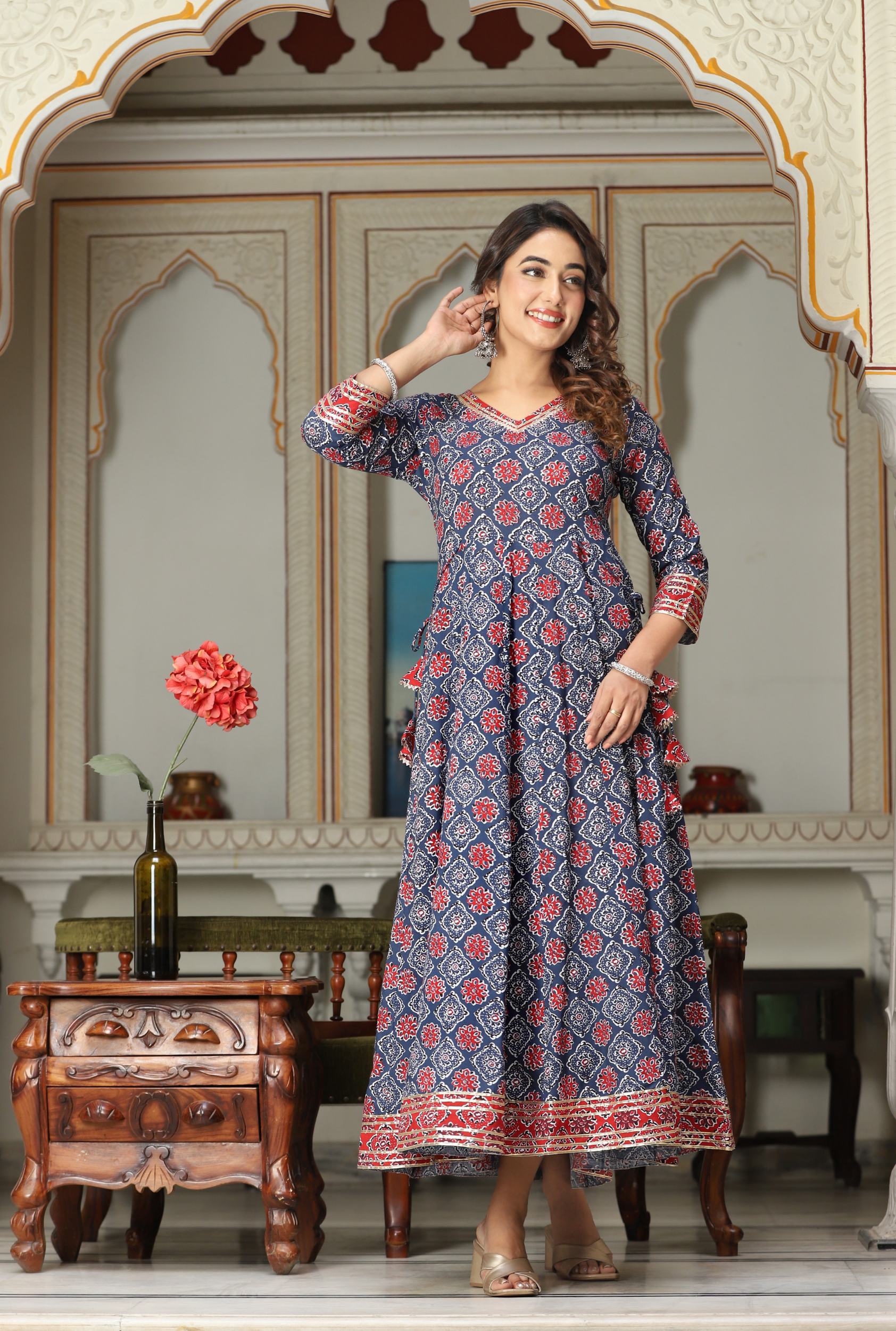 Rayon Embroidered Calf Length Solid Straight V-Neck Kurta