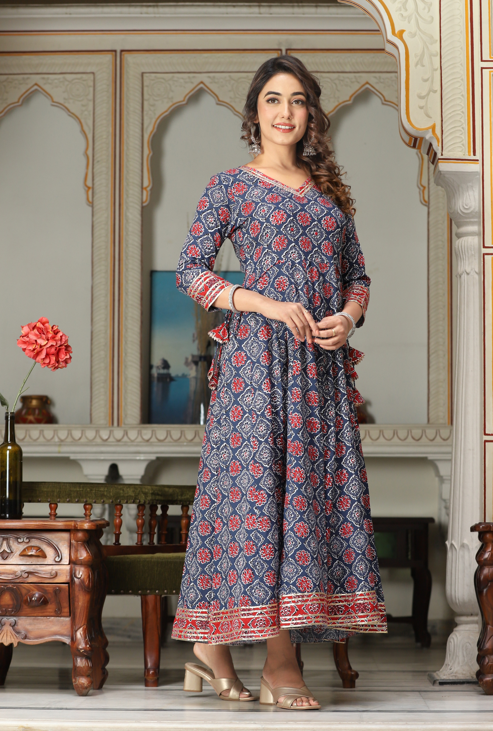 Rayon Embroidered Calf Length Solid Straight V-Neck Kurta