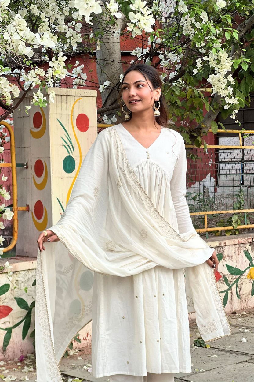 Shwetika White Cotton Suit Set with Gold Printed Mulmul Dupatta