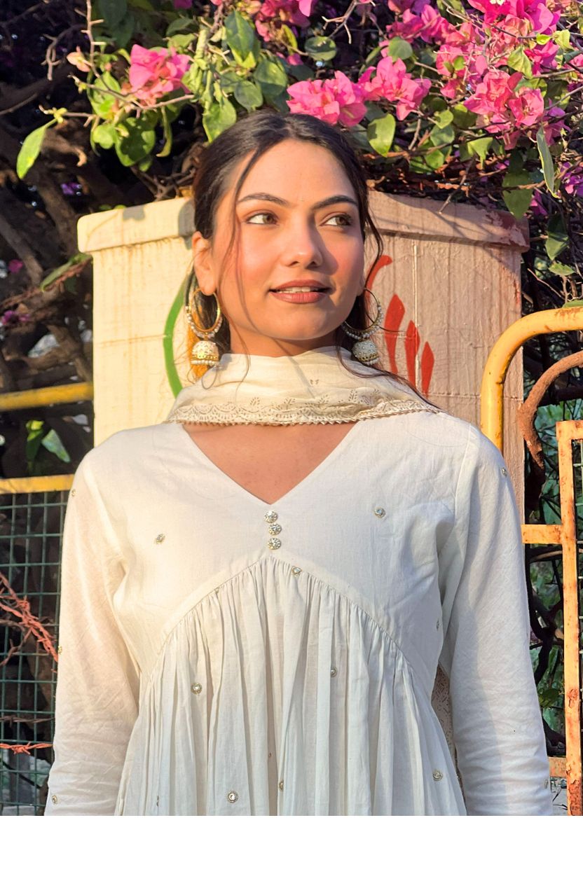 Shwetika White Cotton Suit Set with Gold Printed Mulmul Dupatta