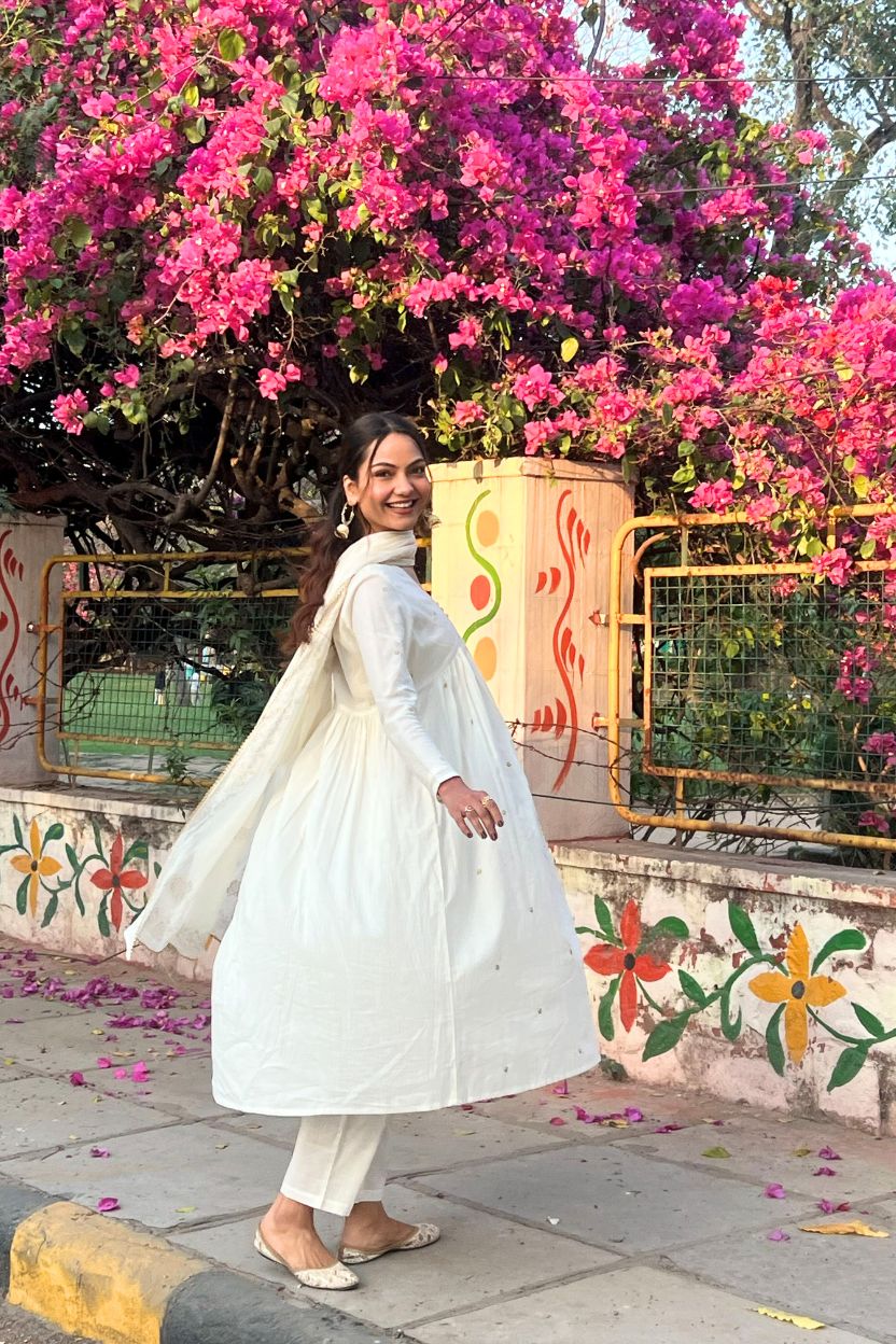 Shwetika White Cotton Suit Set with Gold Printed Mulmul Dupatta