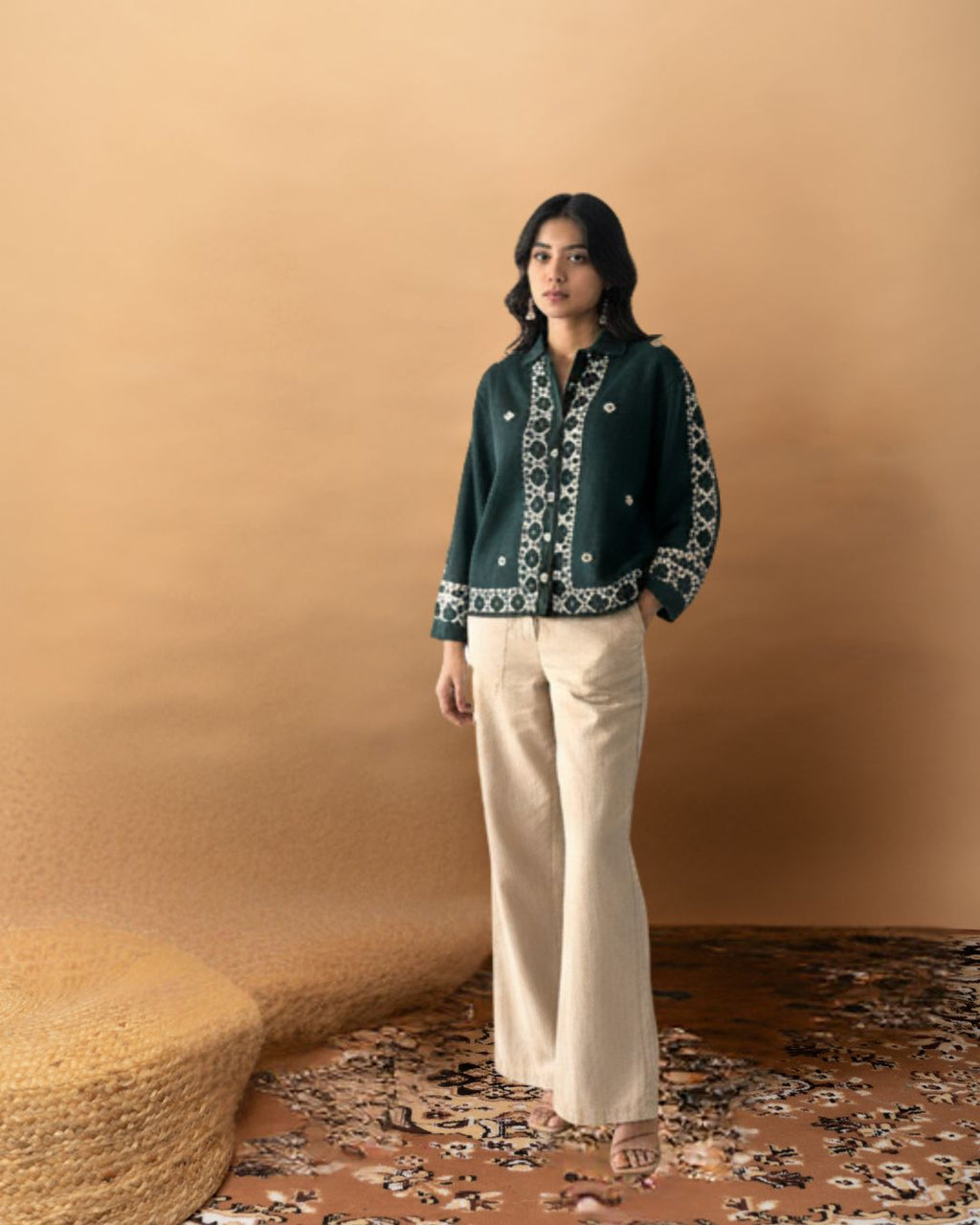 Front view of green embroidery top for women by Poshida