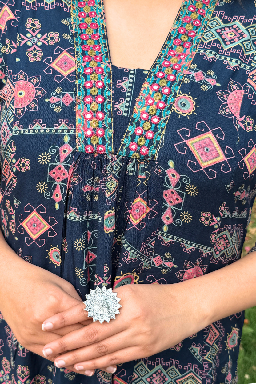 Design detail of Aparajita blue co-ord set